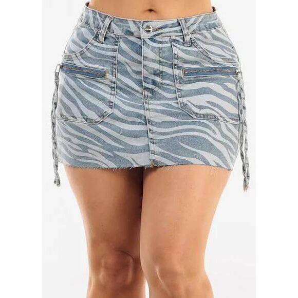 Dakota Blue Y2K Denim Zebra Frayed VINTAGE Side Ruched Mini SkirWomen's Size L - Picture 1 of 14